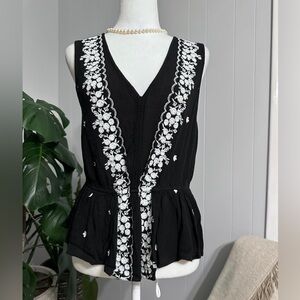 #9)  Japna  black with white floral embroidered sleeveless top size medium